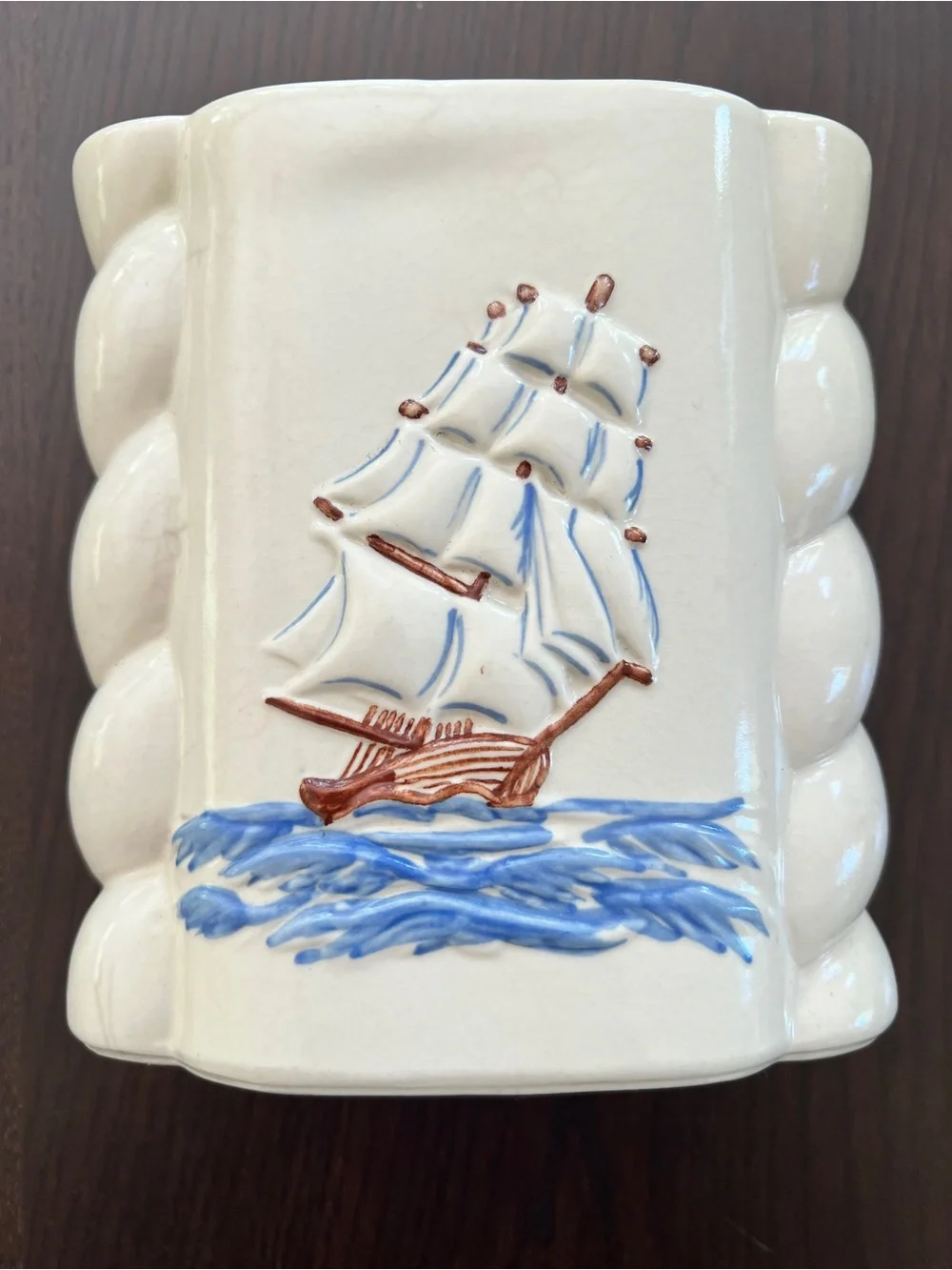 Abingdon Clipper Ship Pottery Vase with Sailboat - White with Blue Nautical